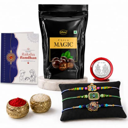 Peacock Rakhi Combo - Raksha Bandhan Gift with Choco Magic Standy Pouch, Pack of 7