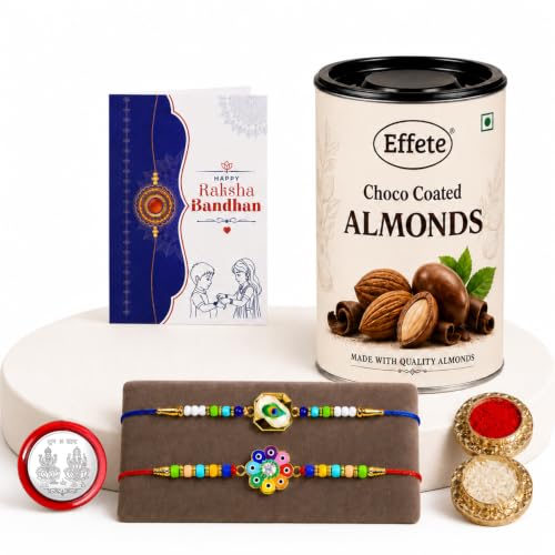Peacock, Flower Rakhi Combo - Raksha Bandhan Gift with Choco Almonds 96gm, Pack of 6