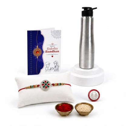 Round Rakhi Combo - Raksha Bandhan Gift with SS Water Bottle 1000ml, Pack of 5 for Bhaiya