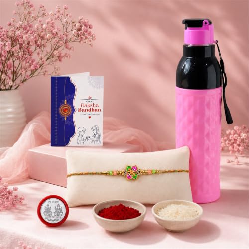 Floral Rakhi Combo - Raksha Bandhan Gift with Diamond Water Bottle 1000ml, Pack of 5
