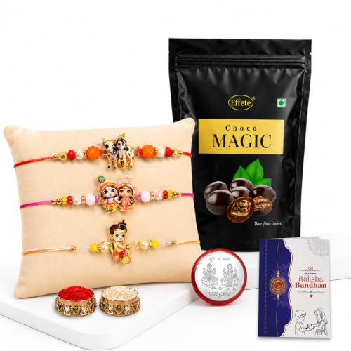 Krishna Cow Rakhi Combo - Raksha Bandhan Gift with Choco Magic Standy Pouch, Pack of 7