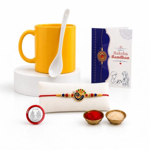 Peacock Rakhi Combo - Raksha Bandhan Gift with Plastic Mug with Spoon, Pack of 5