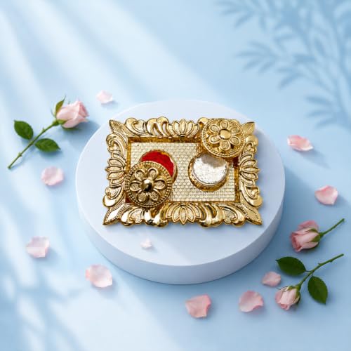 Radha Krishna Rakhi Combo - Raksha Bandhan Gift with Rectangular Pooja Thali, Pack of 5