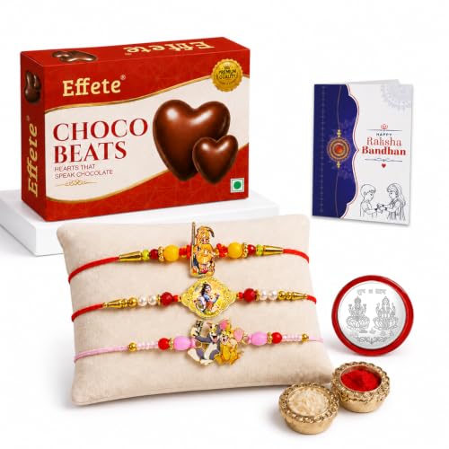 Ganesha, Krishna Rakhi Combo - Raksha Bandhan Gift with Choco Beats 32gm, Pack of 7
