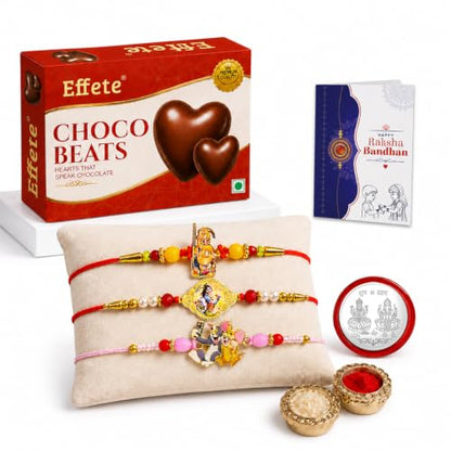 Ganesha, Krishna Rakhi Combo - Raksha Bandhan Gift with Choco Beats 32gm, Pack of 7