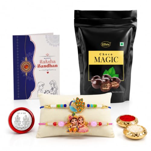 Krishna Radha Rakhi Combo - Raksha Bandhan Gift with Choco Magic Standy Pouch, Pack of 6