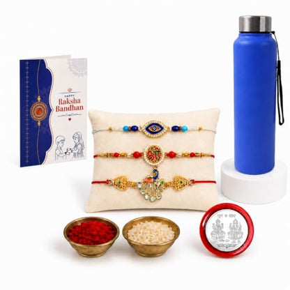 Shree, Evil Eye, Peacock Rakhi Combo - Raksha Bandhan Gift with SS Water Bottle 1000ml