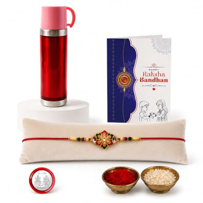 Flower Rakhi Combo - Raksha Bandhan Gift with Travel Mug 500ml, Pack of 5 | Rakhi Gift