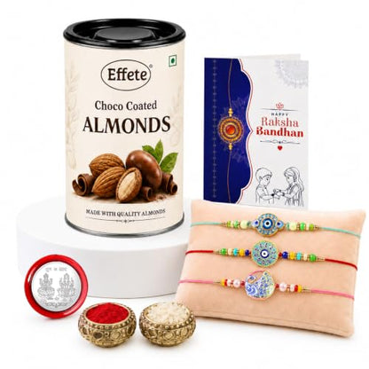 Evil Eye, Round Rakhi Combo - Raksha Bandhan Gift with Choco Almonds 96gm, Pack of 7
