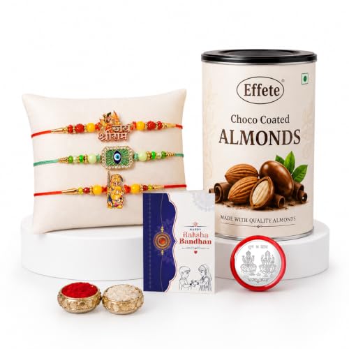 Shri Ram, Ganesha Rakhi Combo - Raksha Bandhan Gift with Choco Almonds 96gm, Pack of 7