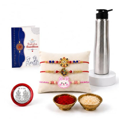 Round Flower, Bunny, Peacock Rakhi Combo - Raksha Bandhan Gift with SS Water Bottle 1000ml