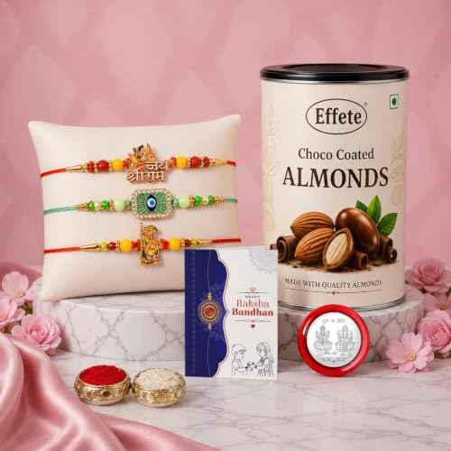 Shri Ram, Ganesha Rakhi Combo - Raksha Bandhan Gift with Choco Almonds 96gm, Pack of 7