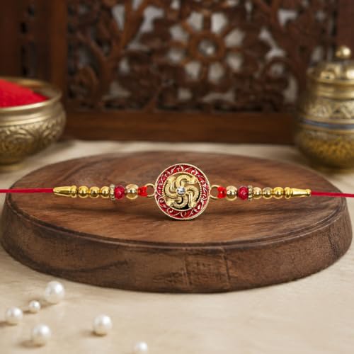 Golden Swastik Rakhi Combo - Raksha Bandhan Gift with Ganesha Pooja Thali Set, Pack of 5