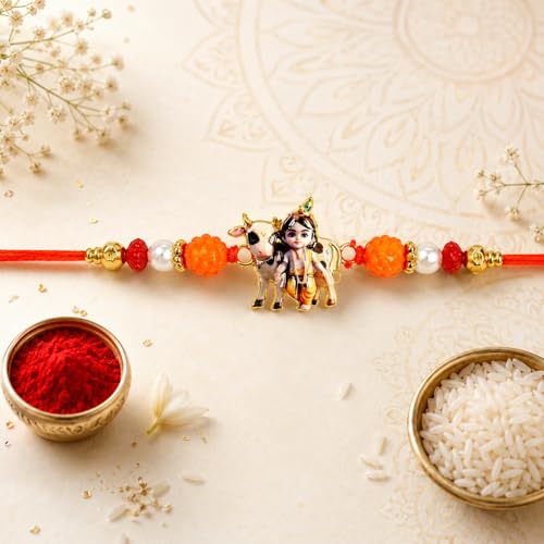 Festive Raksha Bandhan combo with Krishna Cow Rakhi and gift items.