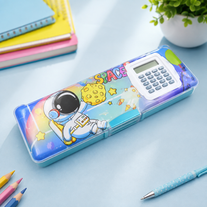 A closed blue pencil case with a space-themed cartoon of an astronaut and planets, featuring an integrated white calculator