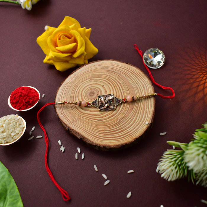 Satya In Square Shape With Beads With Effete Magic Chocolate 32Gm ,Silver Color Pooja Coin, Roli Chawal & Greeting Card