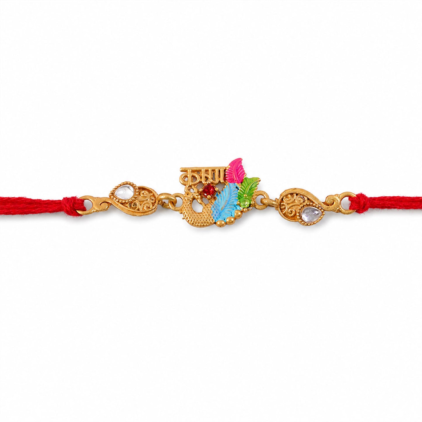 Designer Rakhi with Decorative Floral Medallion, gold trims and chain look for Gift