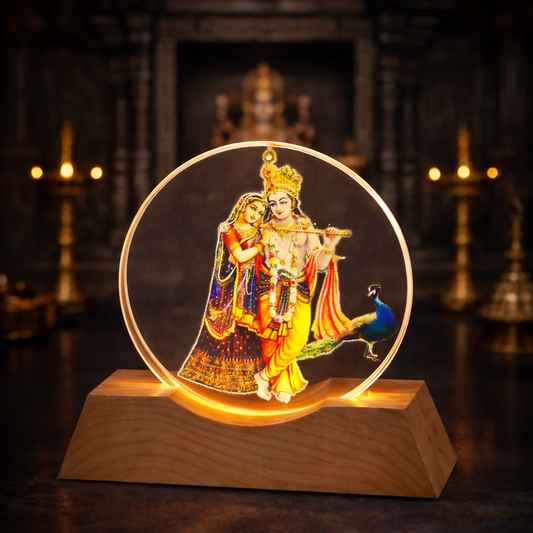 Radha Krishna Acrylic LED Lamp with Wooden Base | Night Light for Home Temple