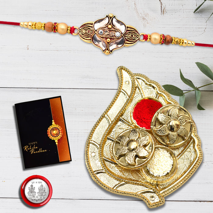 Diamond Rakhi With Traditional Design With Leaf Pooja Thali Set ,Silver Color Pooja Coin, Roli Chawal & Greeting Card