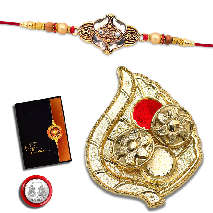 Diamond Rakhi With Traditional Design With Leaf Pooja Thali Set ,Silver Color Pooja Coin, Roli Chawal & Greeting Card