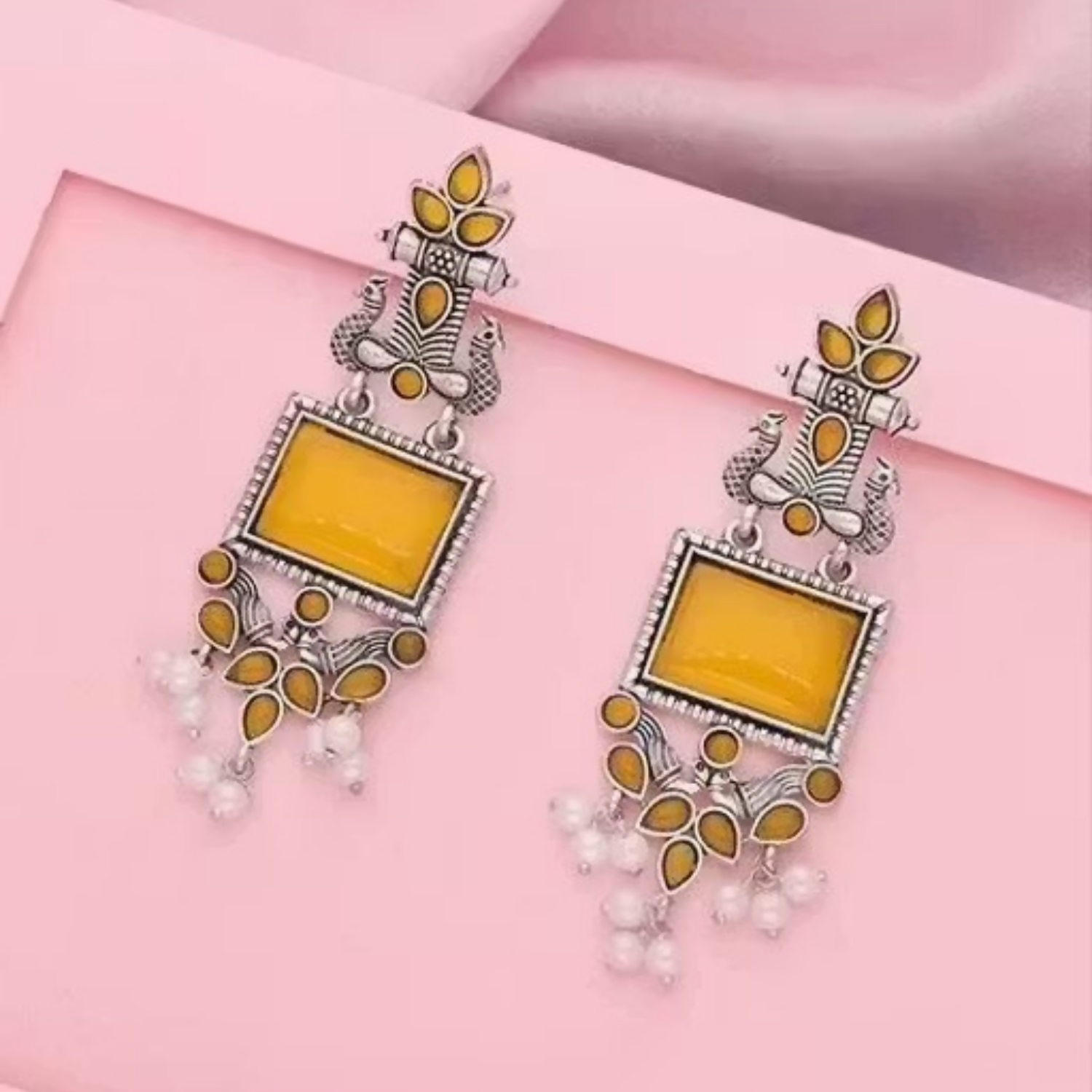 Traditional Oxidized Silver Yellow Stone Pearl Drop Earrings