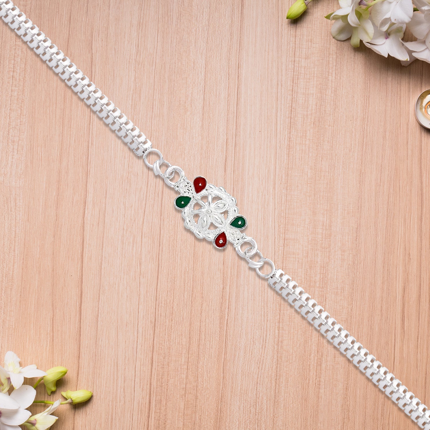 Silver Chain Rakhi for Brothers Floral Enamel Design (10pcs)