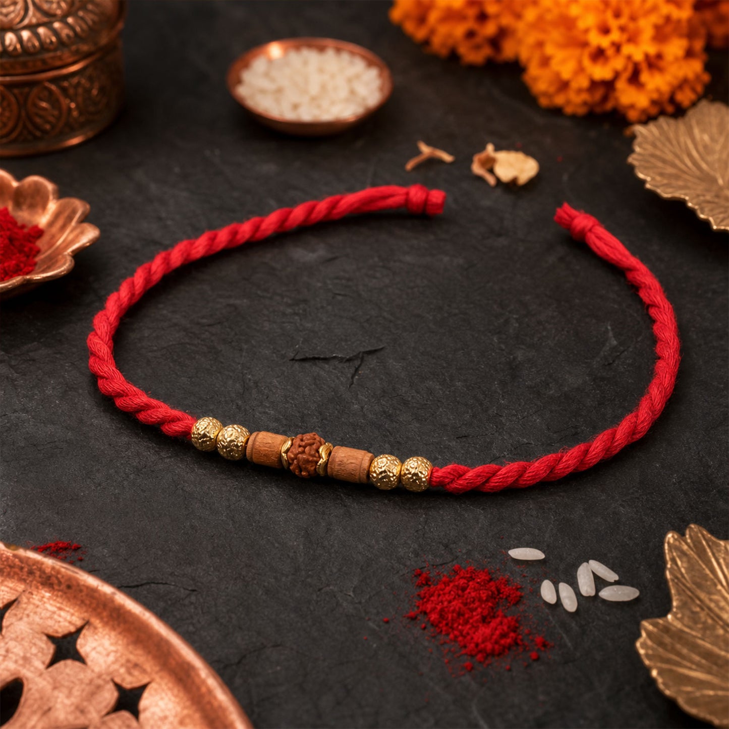 Red Cord Rakhi with Rudraksha and Natural Wooden Bead Accents