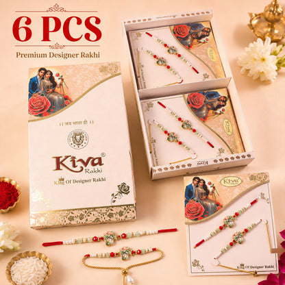 Designer Floral Bhaiya Bhabhi Rakhi Set with Pearl Beads and Lumba Bracelet