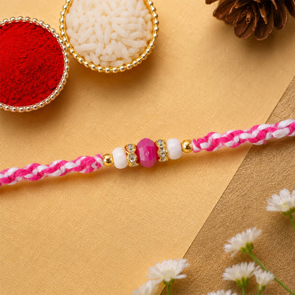 Pink-White Braided Rakhi with Rose-Pink Stone Bead Pendant