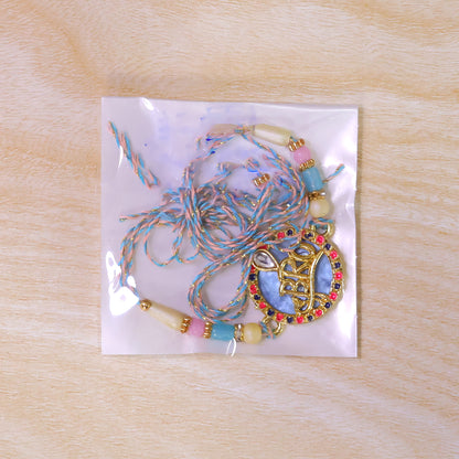 Bro Text Pendant Rakhi with Pink and Navy Kundan Stones