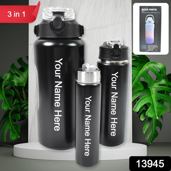 Customized / Personalized 3 In 1 Stainless Steel Insulated Water Bottle, Double Wall Vacuum (3 Pcs Set / Different Size)