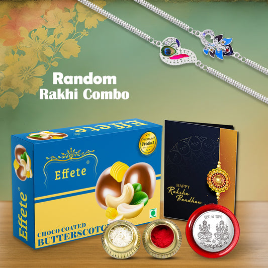 Choco Coated Nut Butter Scotch 2 Random Rakhi Gift Combo with Greeting Card, Coin & Roli Chawal