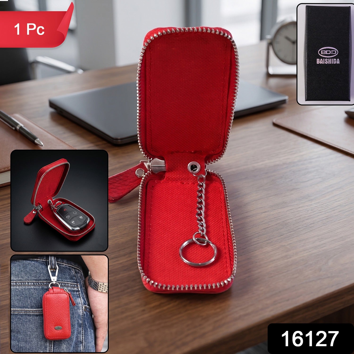 Leather Car Key Case Smart Key Holder Pouch with Zip and Snap Hook (1 Pc)