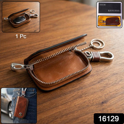 Leather Car Key Case Smart Key Holder Pouch with Zip and Snap Hook (1 Pc)
