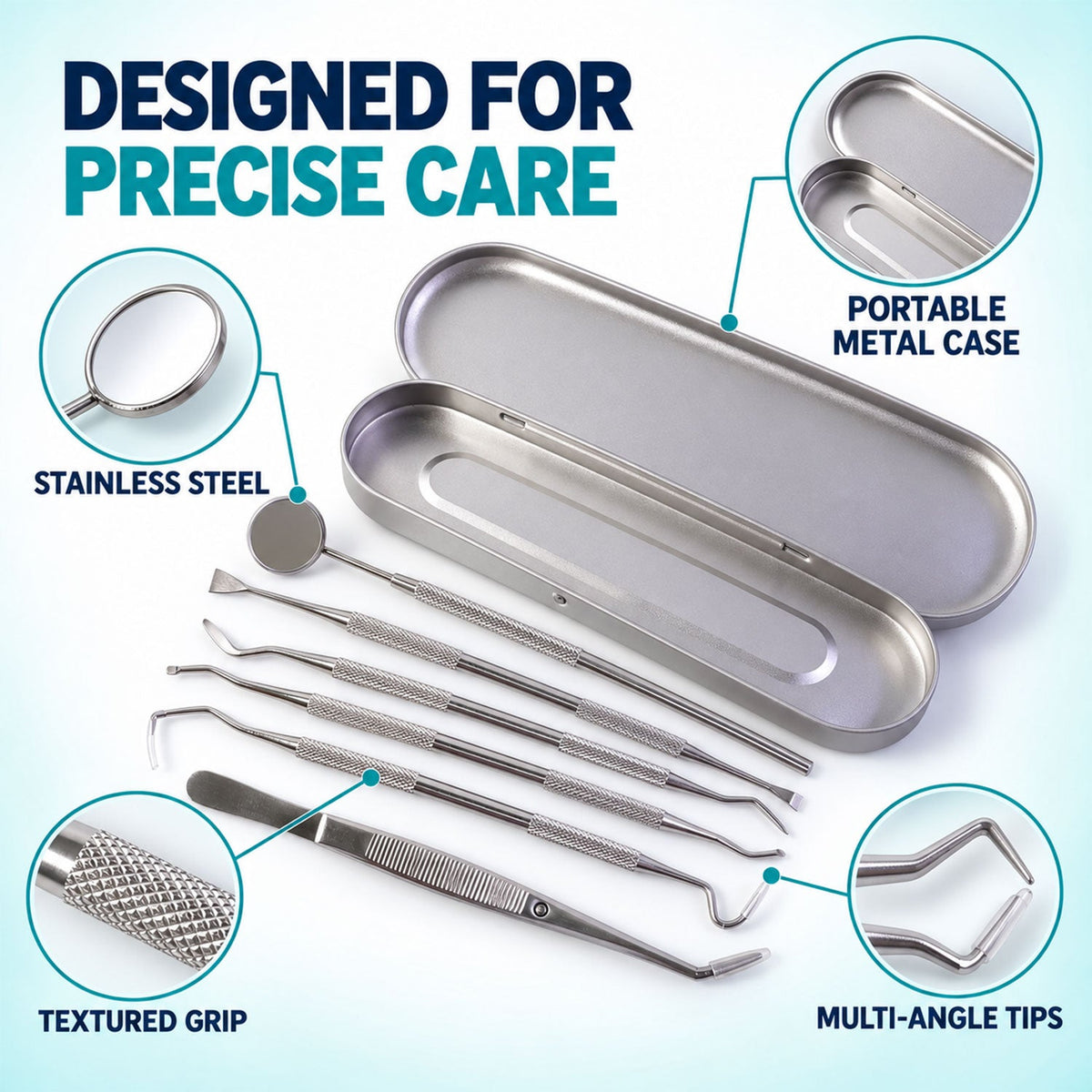 An exploded view of the stainless steel dental tool set, highlighting the portable metal case, textured grip, and