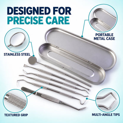 An exploded view of the stainless steel dental tool set, highlighting the portable metal case, textured grip, and