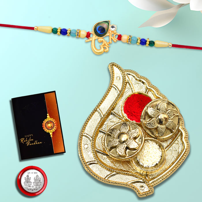 Om With Morpichh And Beads With Leaf Pooja Thali Set ,Silver Color Pooja Coin, Roli Chawal & Greeting Card