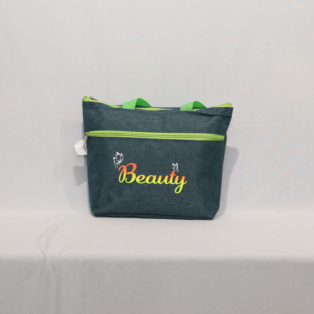 Stylish Denim Shopping Bag with Green Handles – “Beauty” Tote