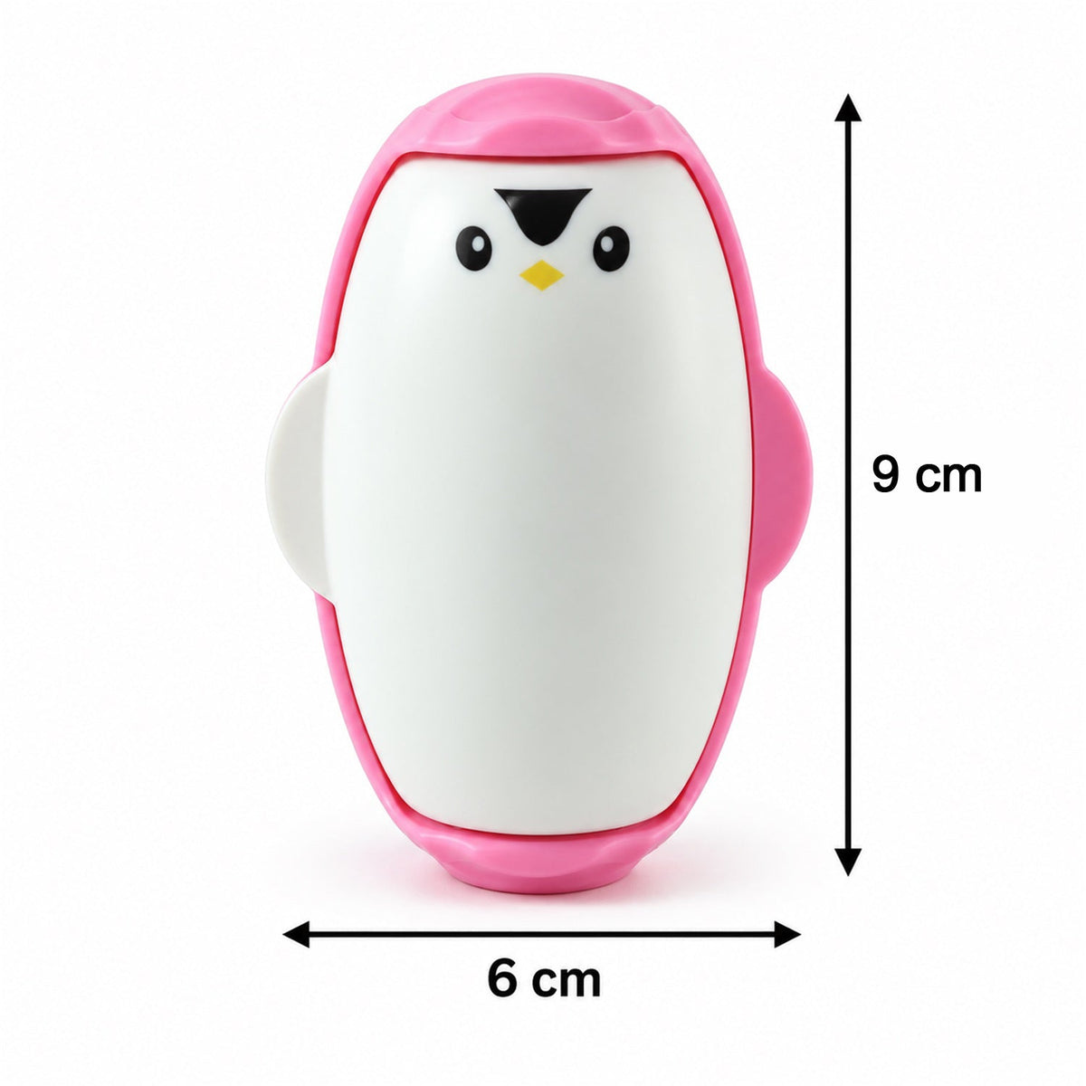 A pink and white penguin-shaped lint roller with dimensions of 9 cm height and 6 cm width shown.