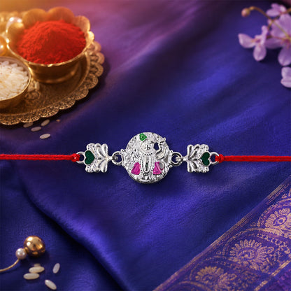 Silver Shrinathji Rakhi with Pink Green Stones and Elephant Charms