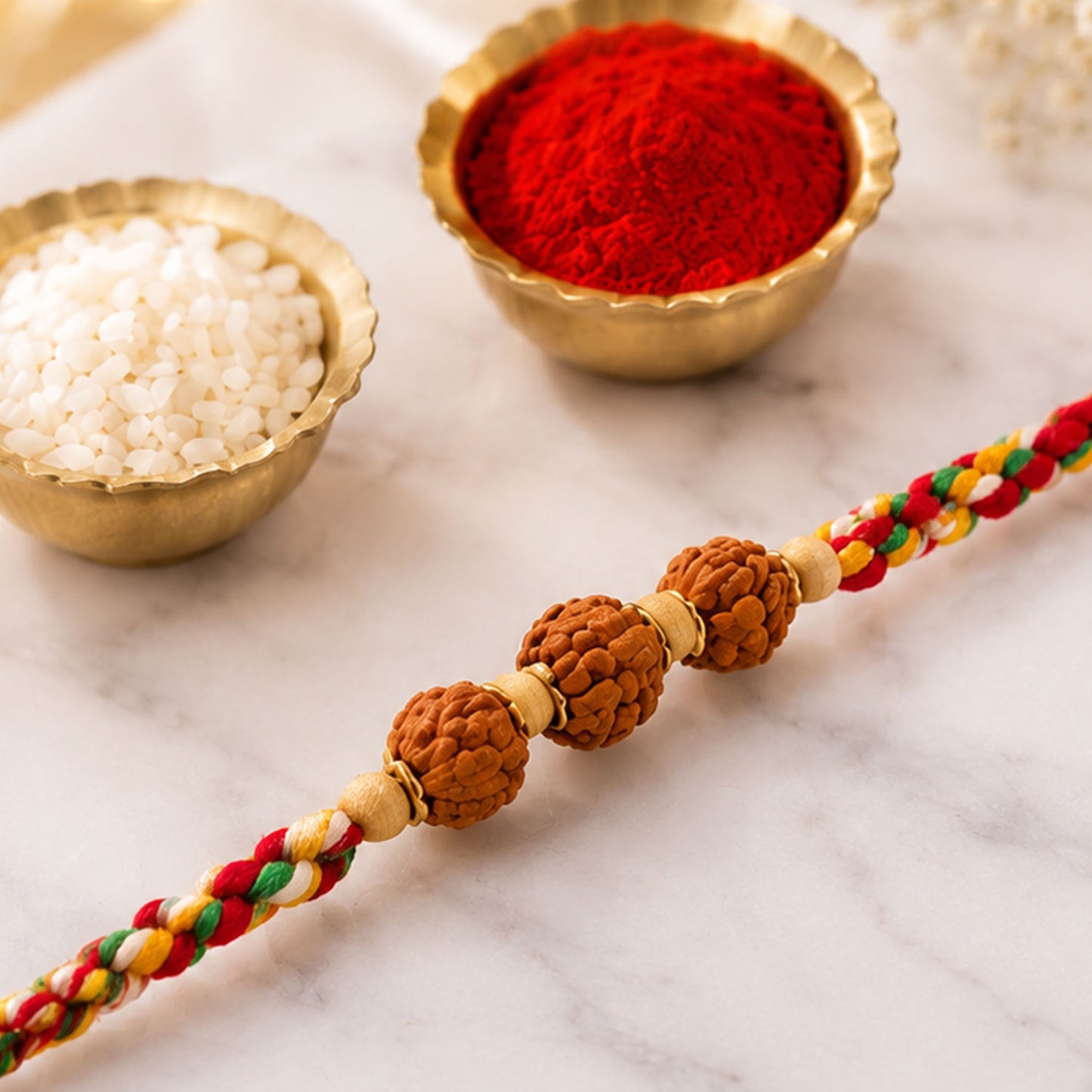 Rudraksha Style Devotional Rakhi with Braided Red Green Yellow Thread and Wooden Beads