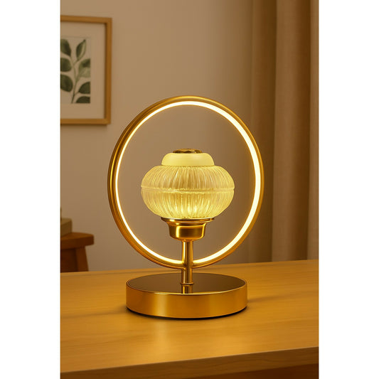 Modern Designer LED Table Lamp with Circular Ring Frame and Artistic Centerpiece Light – Elegant Ambient Lighting for Bedroom, Living Room, Office Desk, Study Table, Hotels & Gifting