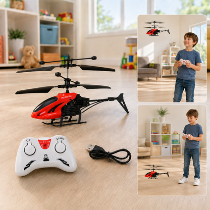 A red and black toy helicopter with a white remote control and USB charging cable on a wooden floor, with a child playing in