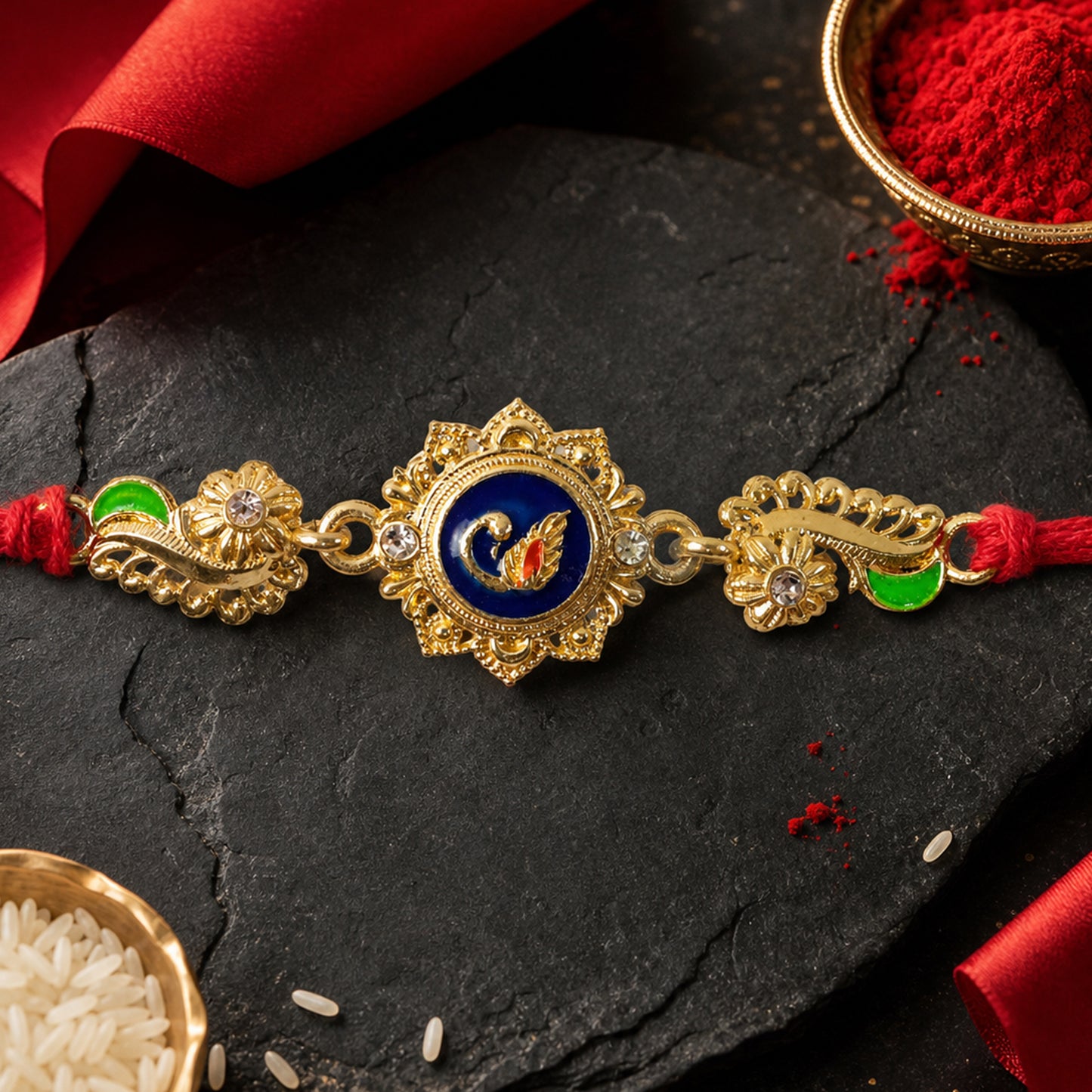 Ornate Rakhi showcasing Blue Oval Medallion, metal trims and chain look for Gift Use