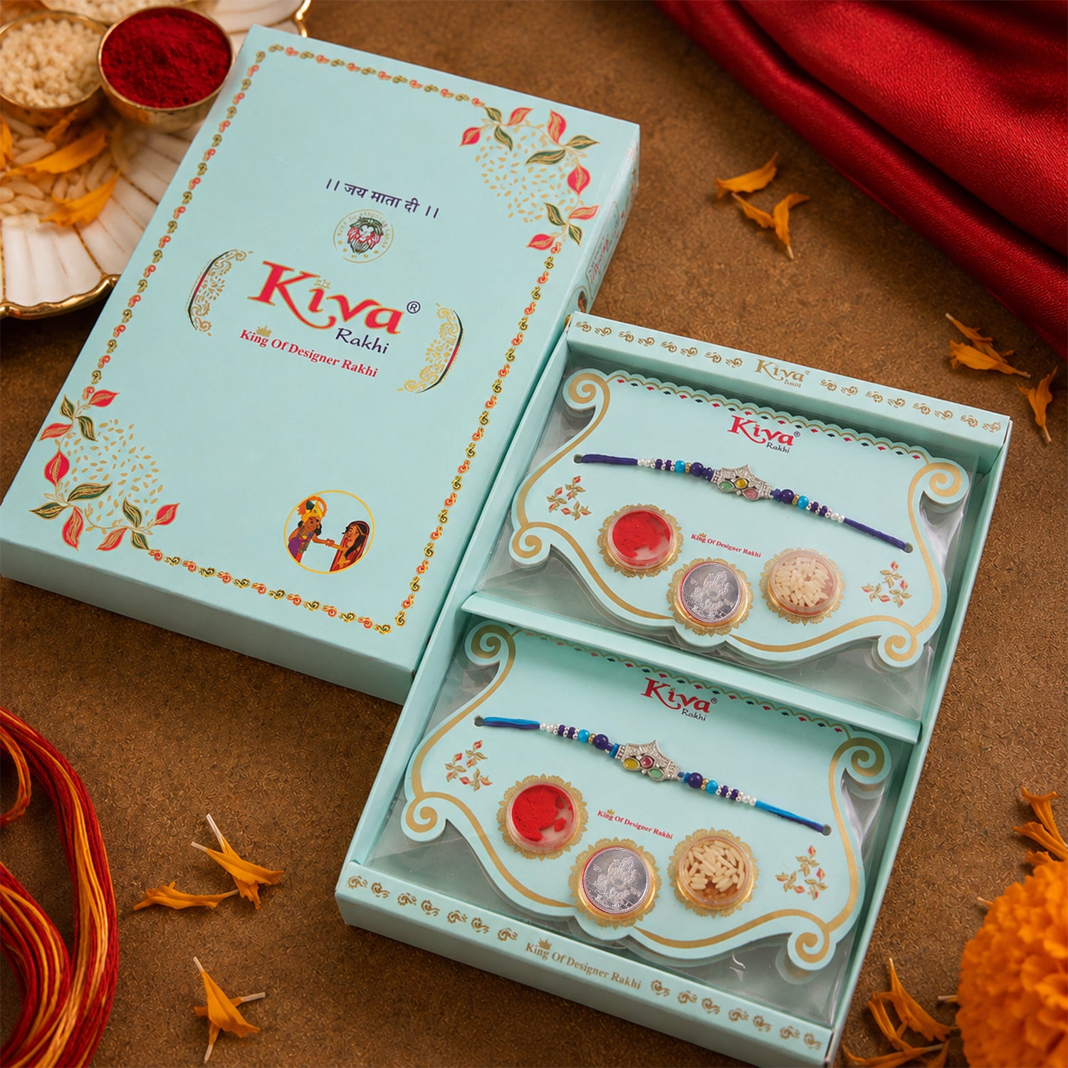Silver Crown Temple Rakhi with Multicolor Stones, Roli Chawal Coin and Card Gift Packing