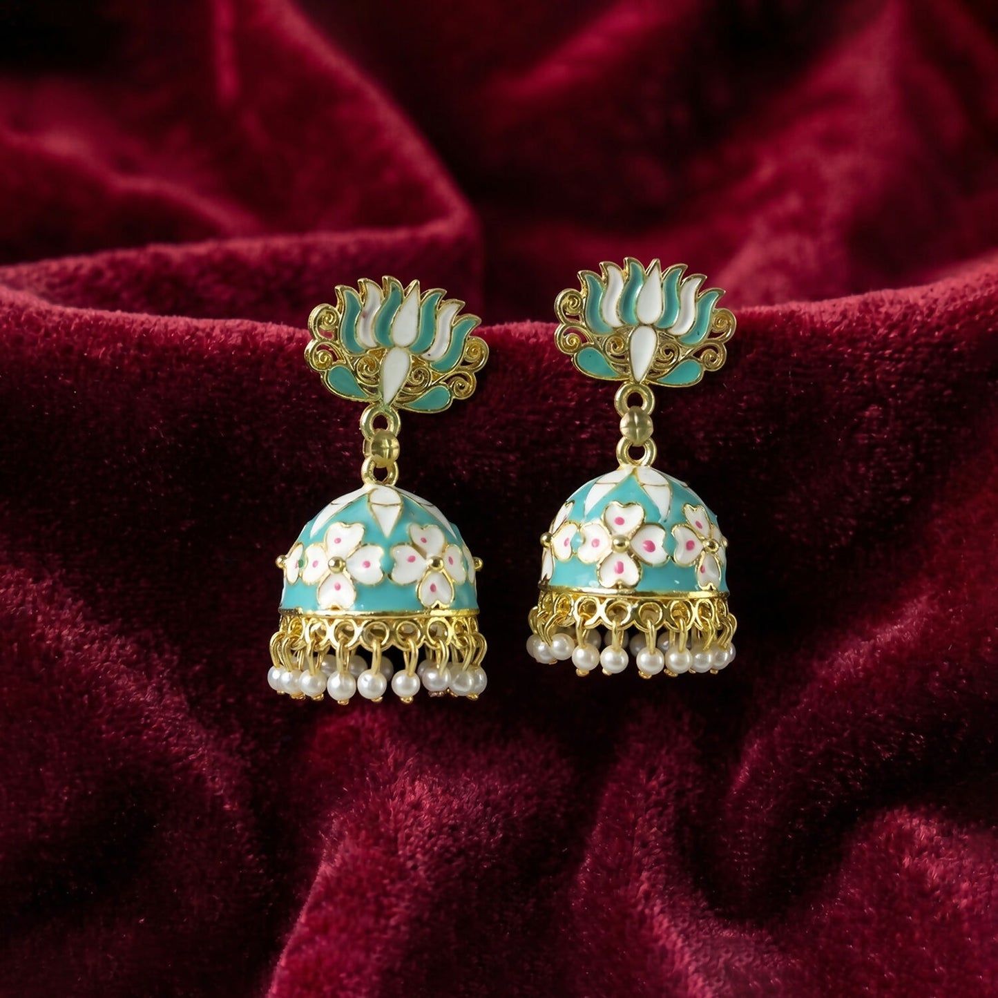 Pearl hanging detail on Sea Pista Lotus Jhumka Earrings