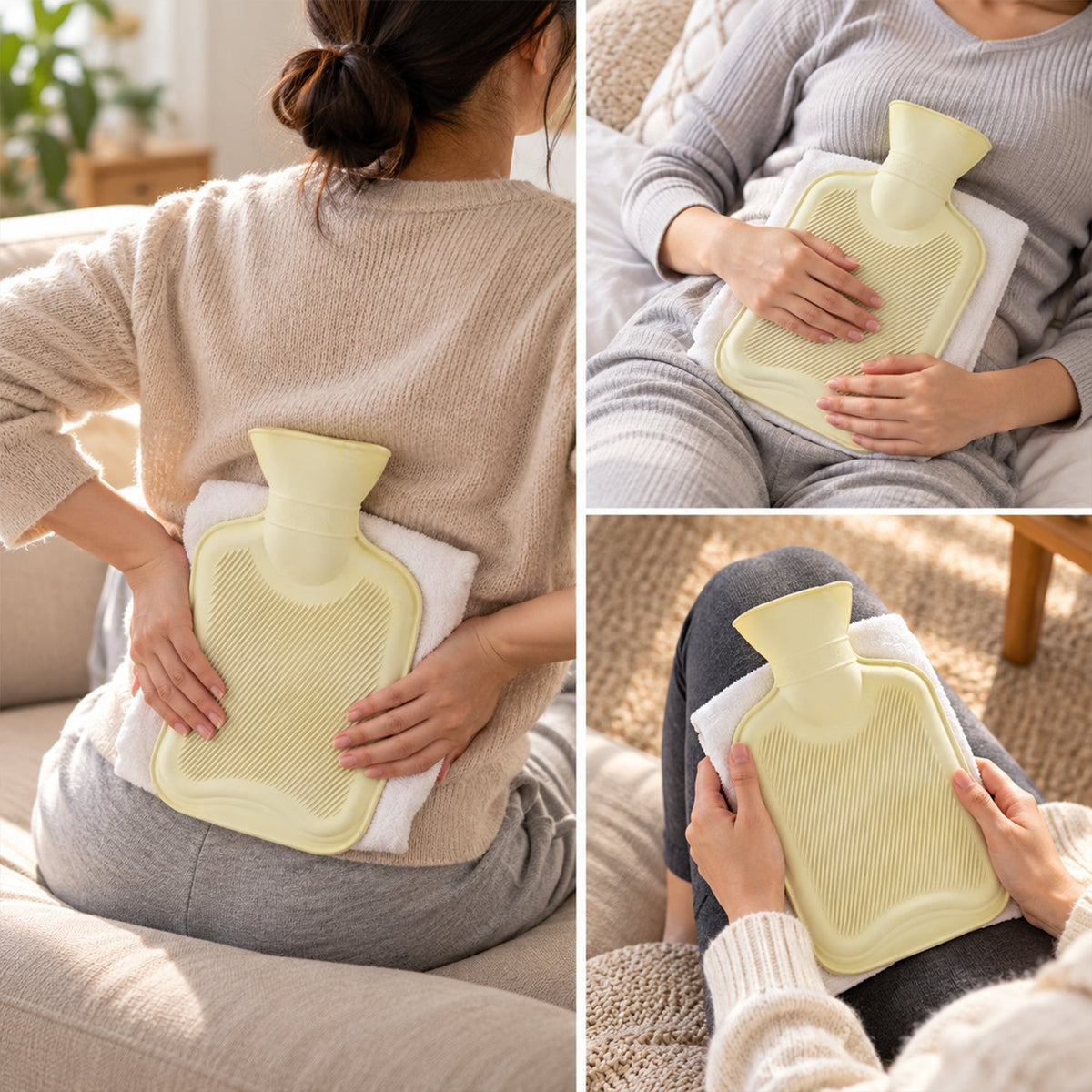 A three-panel collage shows a person using a light yellow hot water bottle on their back, abdomen, and lap.