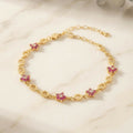 Elegant Pink Floral Stone Gold-Tone Bracelet with Geometric Links for Women & Girls