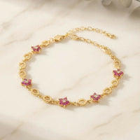 Elegant Pink Floral Stone Gold-Tone Bracelet with Geometric Links for Women & Girls