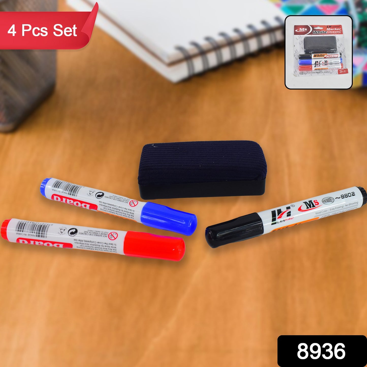 Whiteboard Marker Set (Blue, Black, Red) with Board Duster - Pack of 4